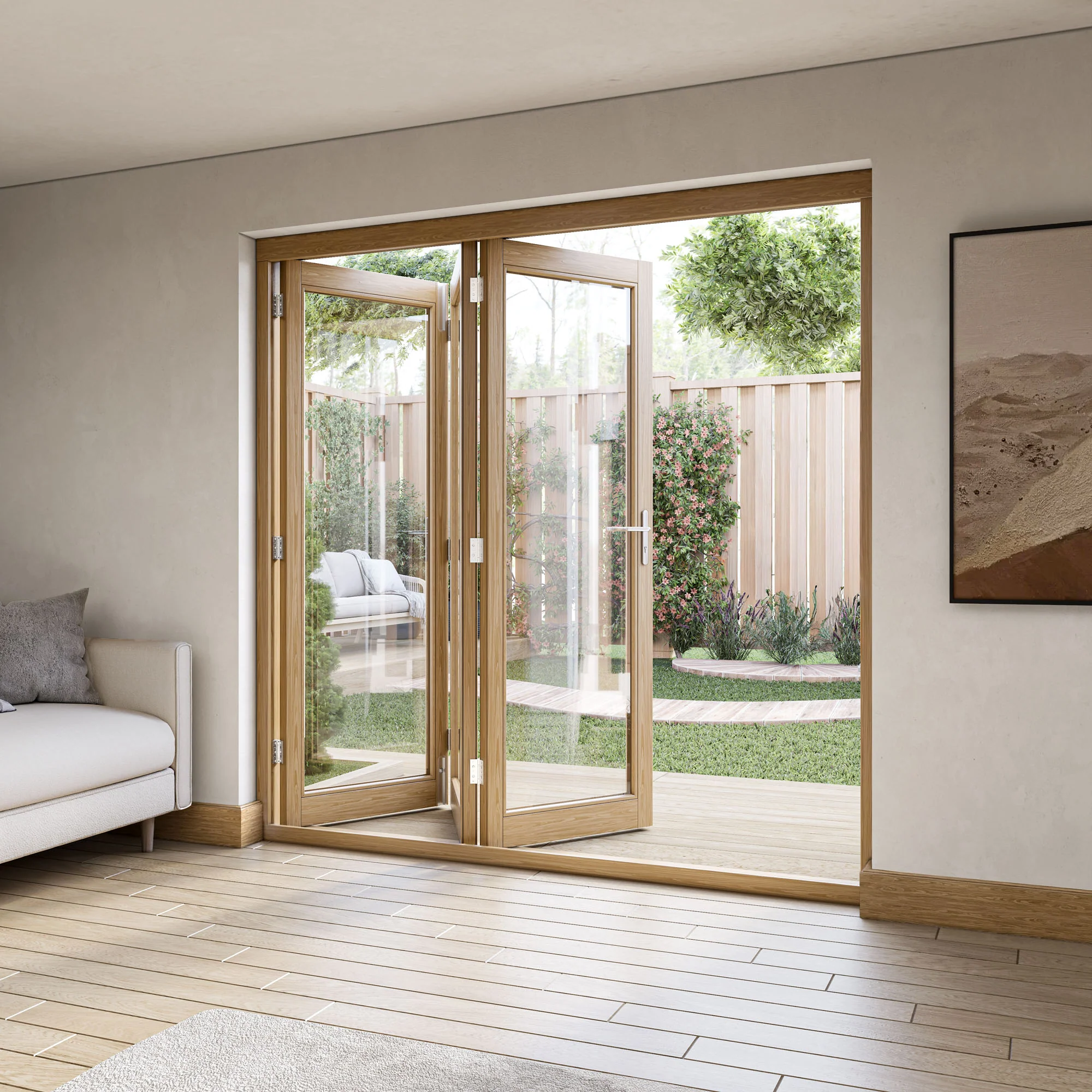 Oak External Fully Finished External Folding Patio Door Set 3+0 (OAKFOLD+HW) - Image 11