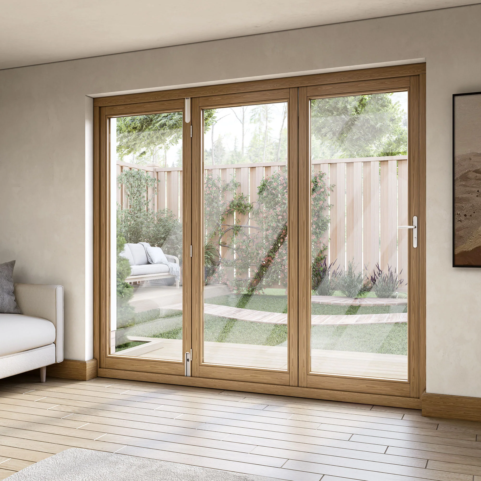 Oak External Fully Finished External Folding Patio Door Set 3+0 (OAKFOLD+HW) - Image 12