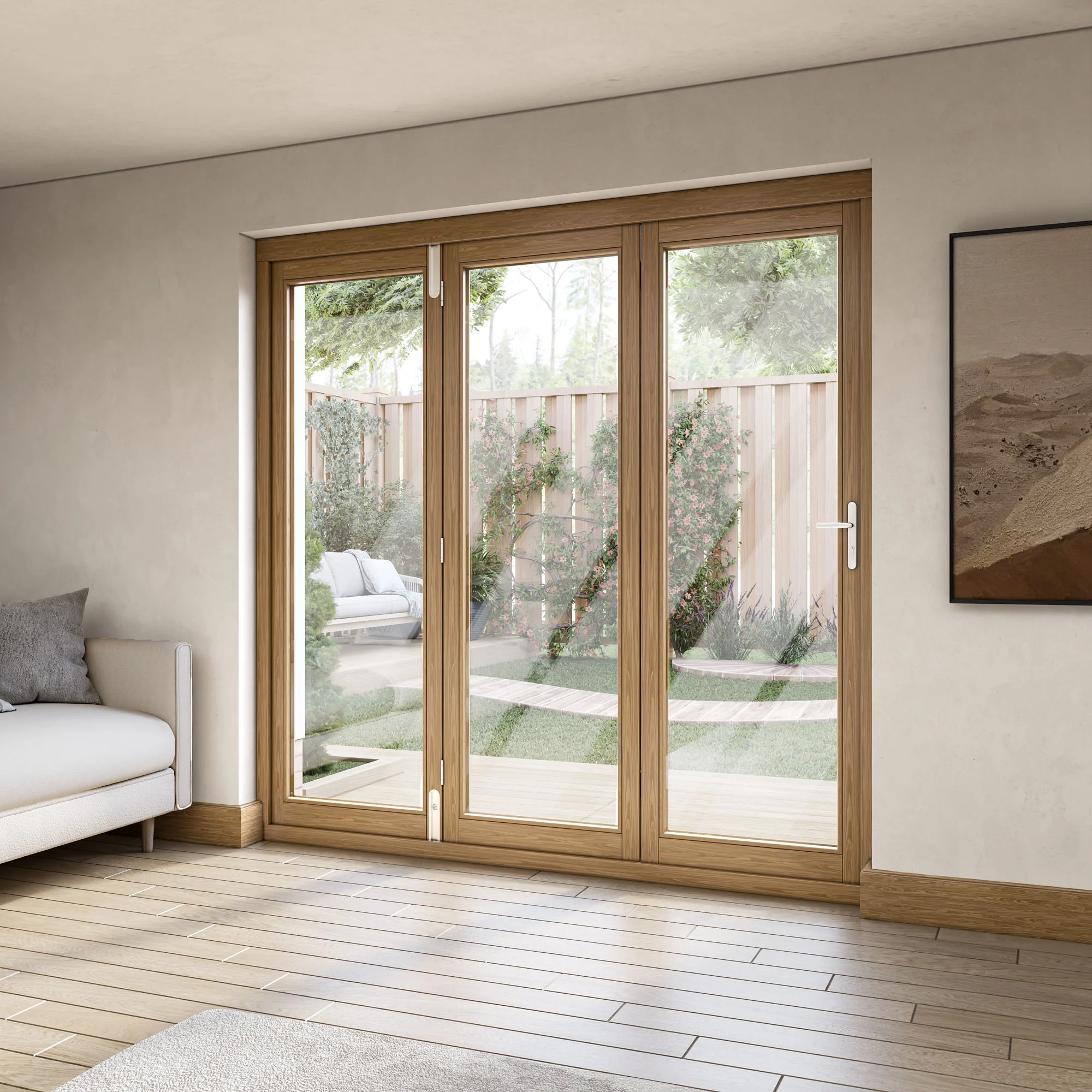 Oak External Fully Finished External Folding Patio Door Set 3+0 (OAKFOLD+HW) - Image 9