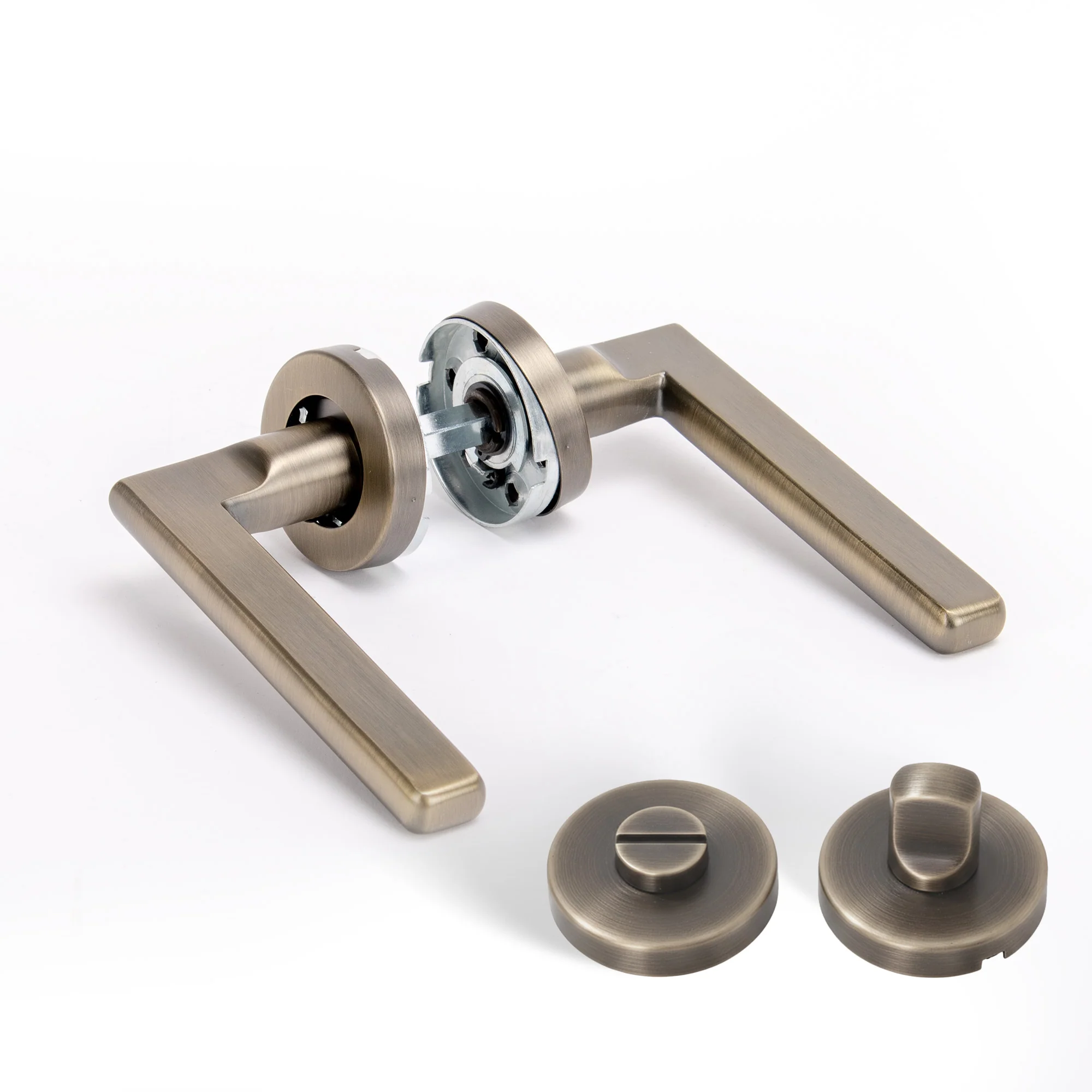 Superior Luna Lever on Round Rose Bathroom Handle Set - Antique Brass (123502)