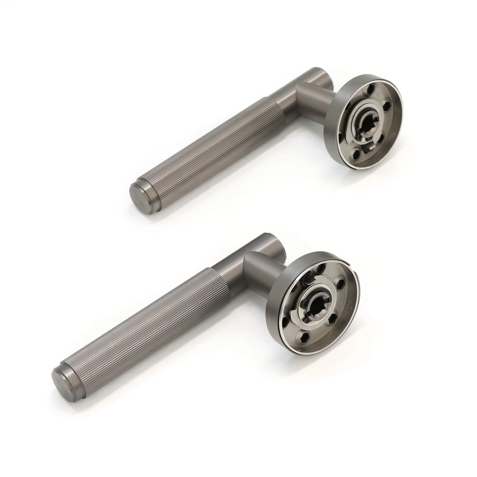 Fluted Lever on Round Rose Door Handle Set - Satin Stainless Steel (123381) - Image 5