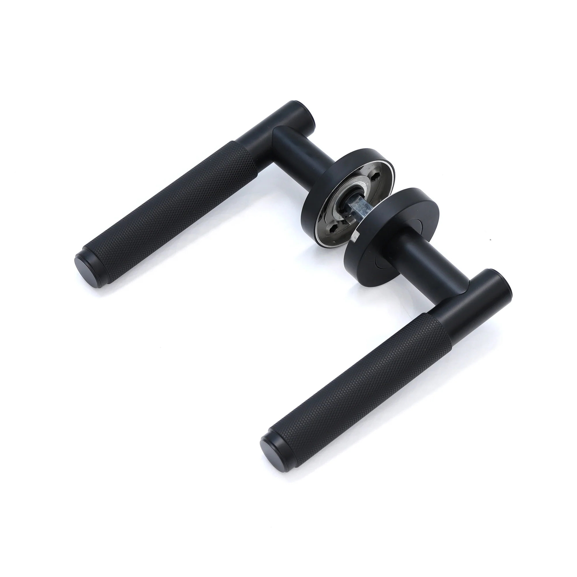 Knurled Lever on Round Rose Door Handle Set - Matt Black (123378) - Image 2