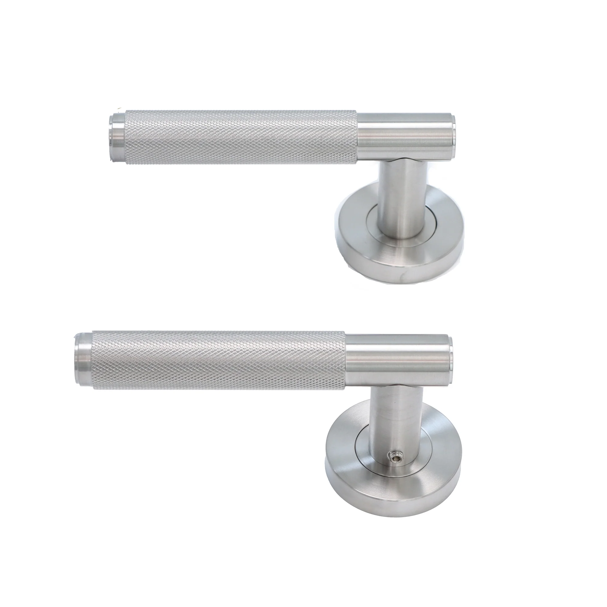 Knurled Lever on Round Rose Door Handle Set - Satin Stainless Steel (123376) - Image 2