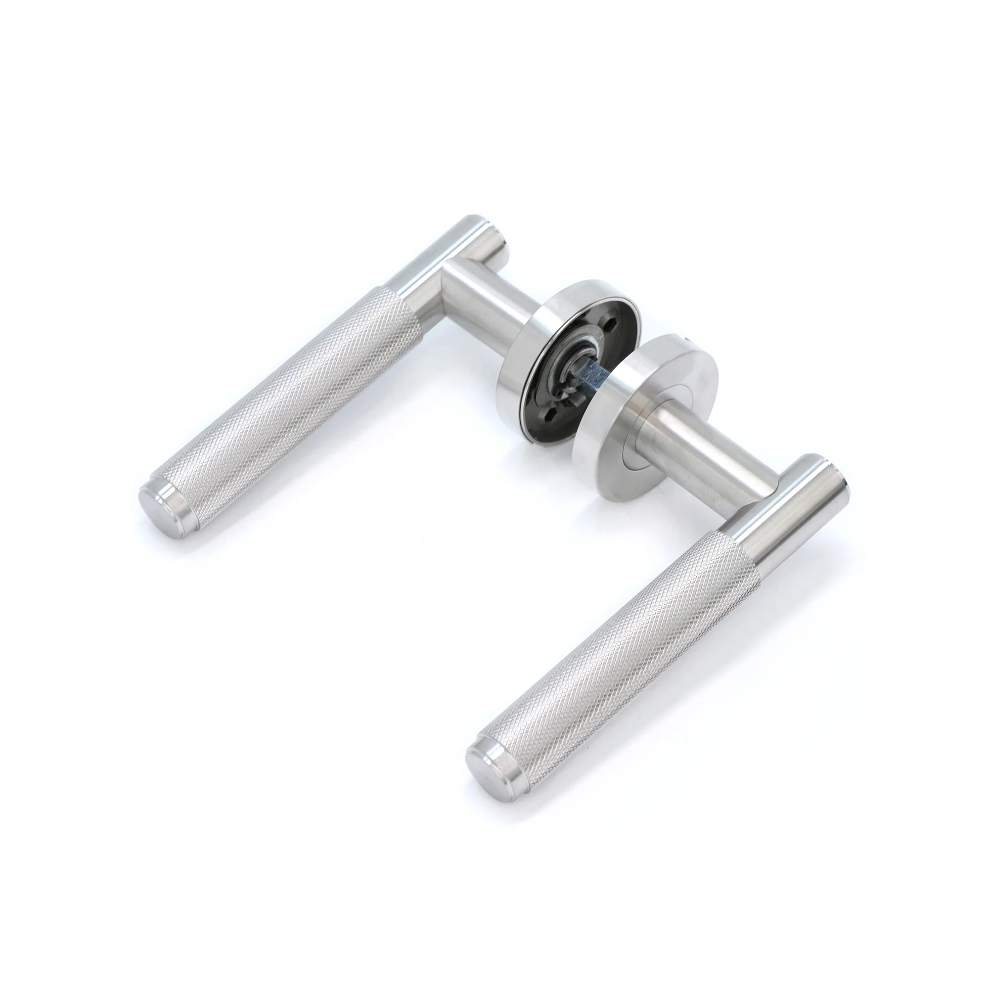 Knurled Lever on Round Rose Door Handle Set - Satin Stainless Steel (123376) - Image 3