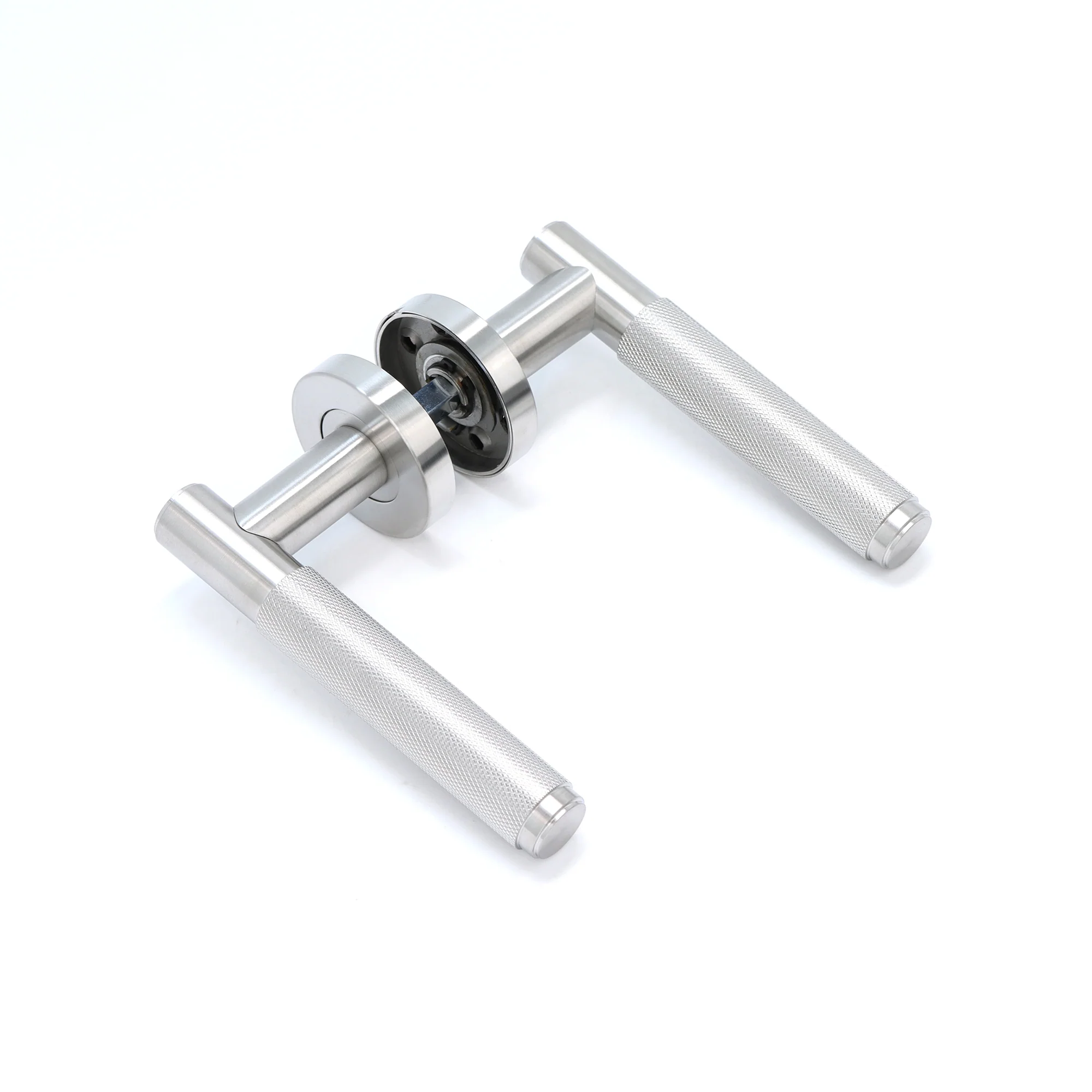 Knurled Lever on Round Rose Door Handle Set - Satin Stainless Steel (123376) - Image 4