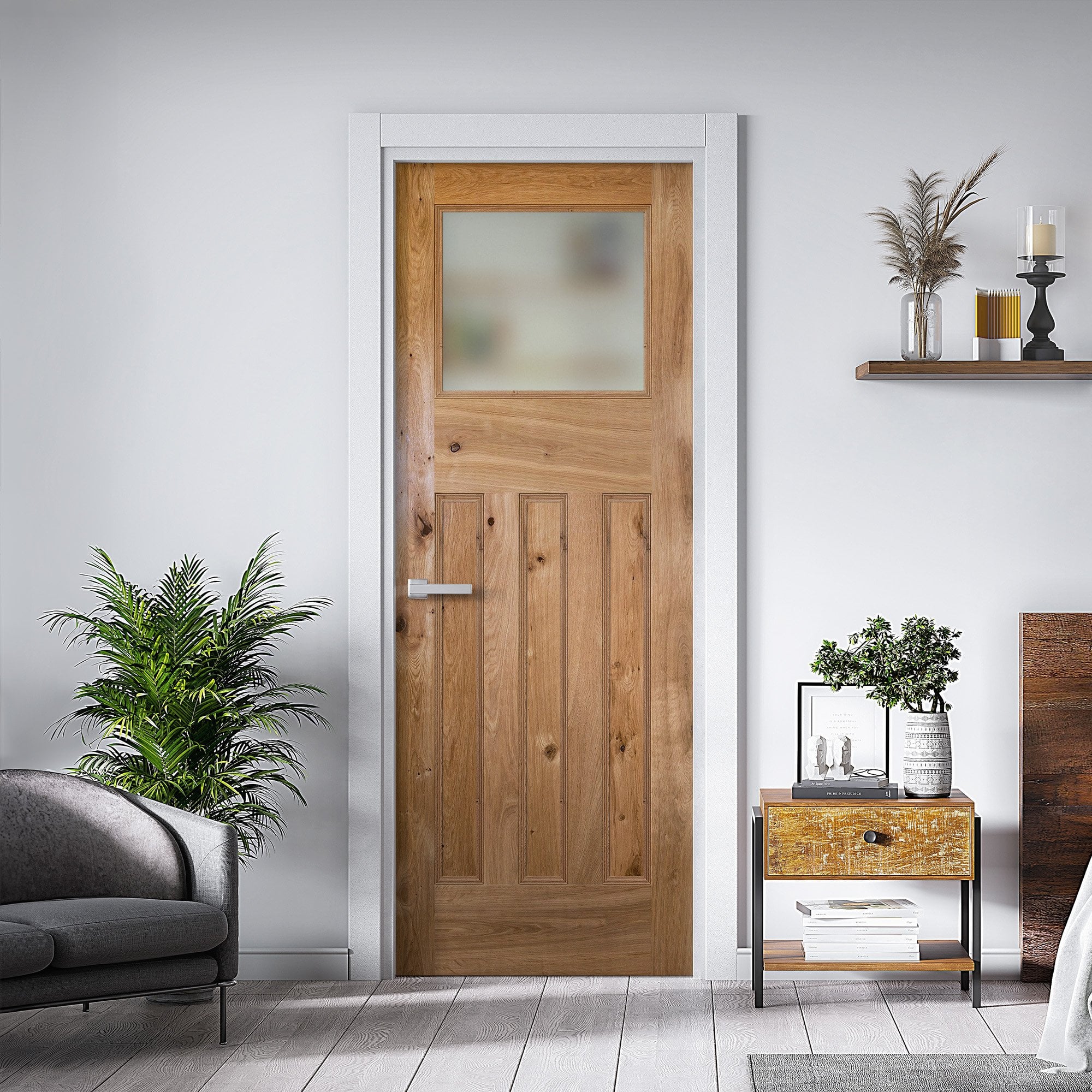 Internal Rustic Oak Fully Finished 1930's DX Obscure Glass Door (119850)