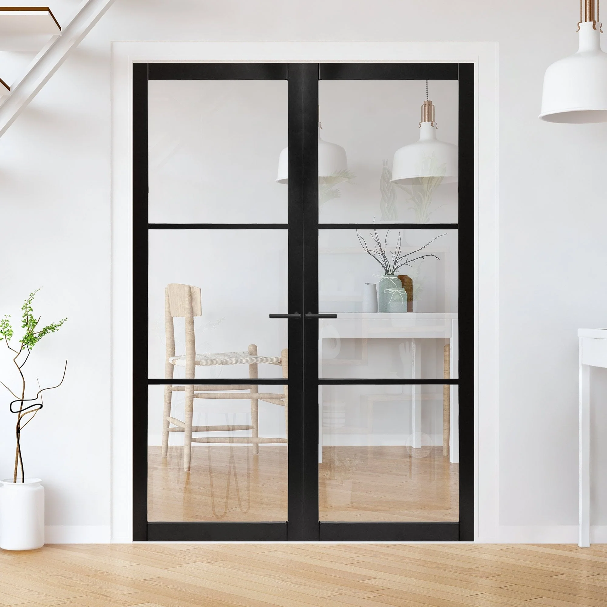 Jet Black Internal Fully Finished Industrial Studio 3 Light Clear Glass Pair Door (121348)