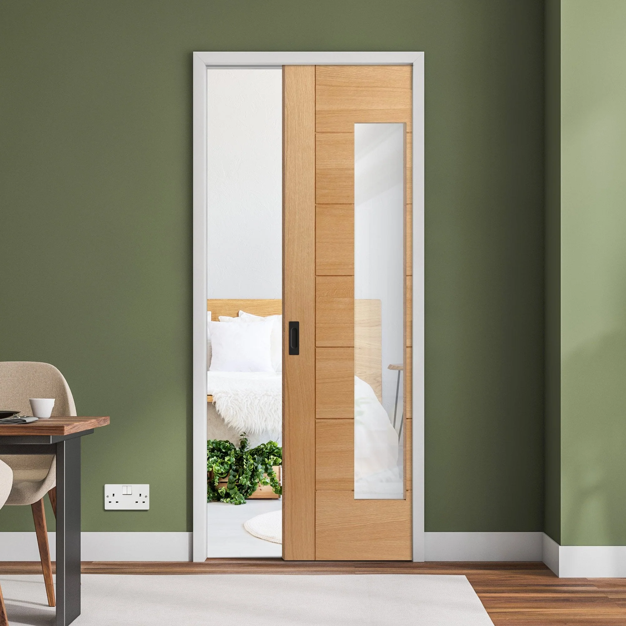 Oak Fully Finished Internal Pedrena 1 Light Clear Glass Framed Pocket Door Set (123200)
