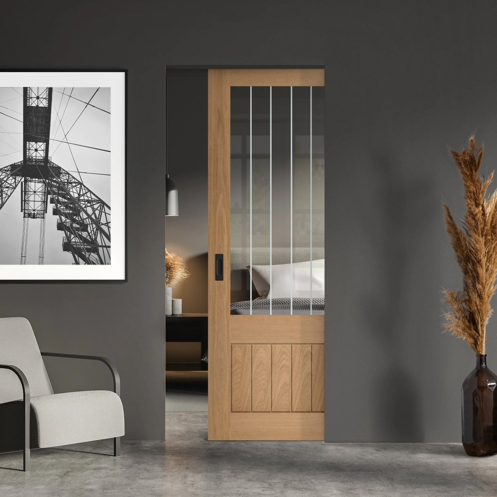 Oak Unfinished Farley 1 Panel 1 Light Obscure Lined Clear Glass Framed 100mm Pocket Door Set (123209)