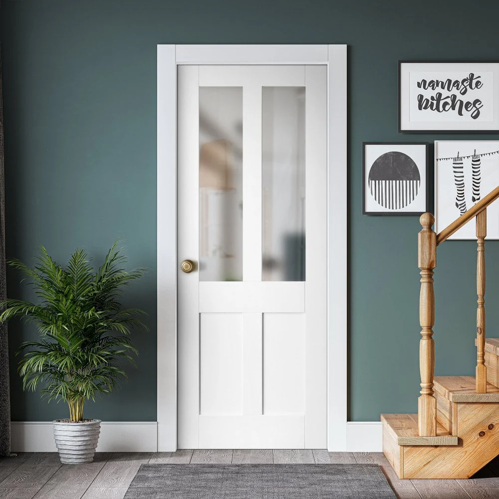 White Internal Primed Flat Victorian Shaker 2 Panel 2 Light Obscure Glass Door (68159) - Image 5