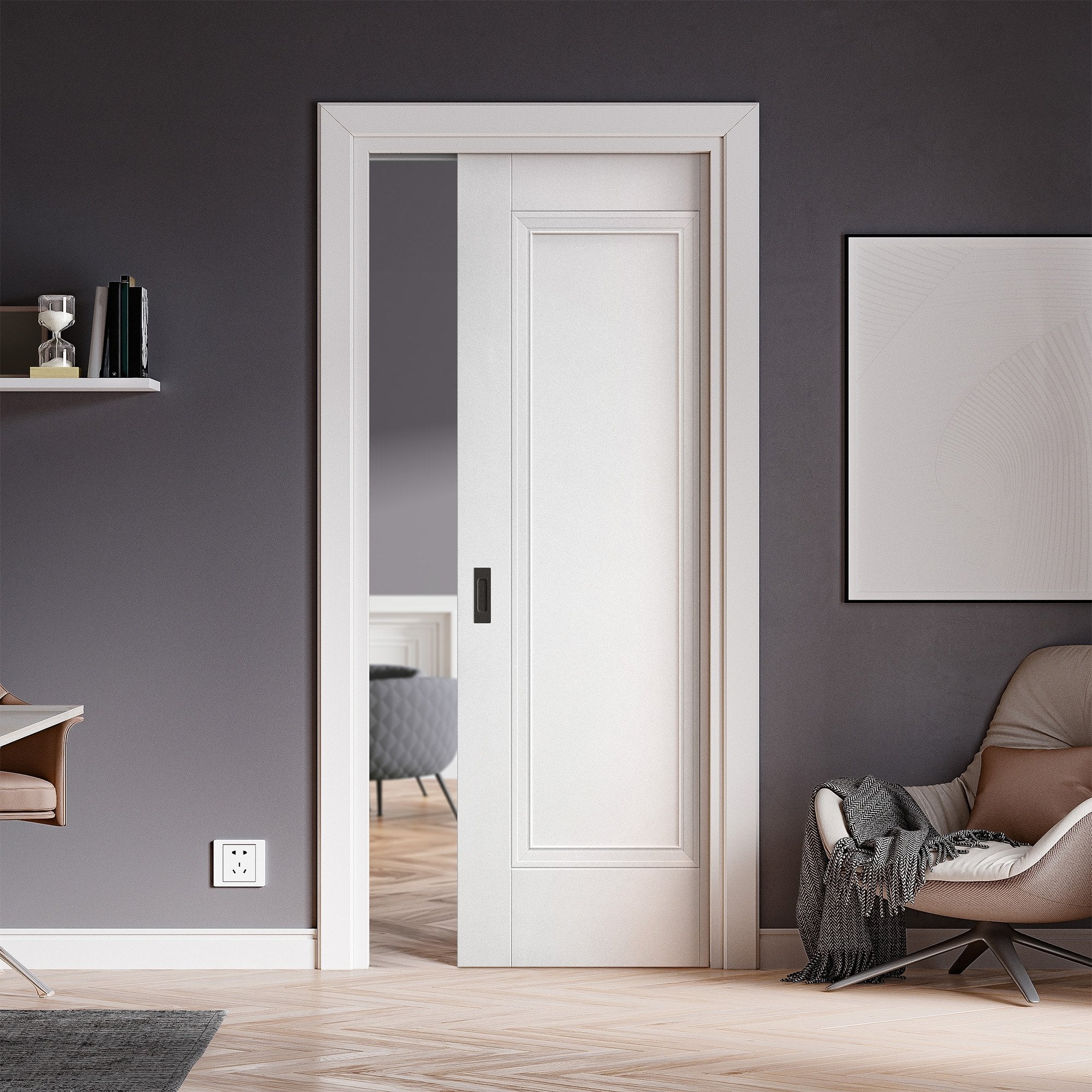 White Primed Internal Elegance Lancaster 1 Panel Framed 100mm Pocket Door Set (123252)