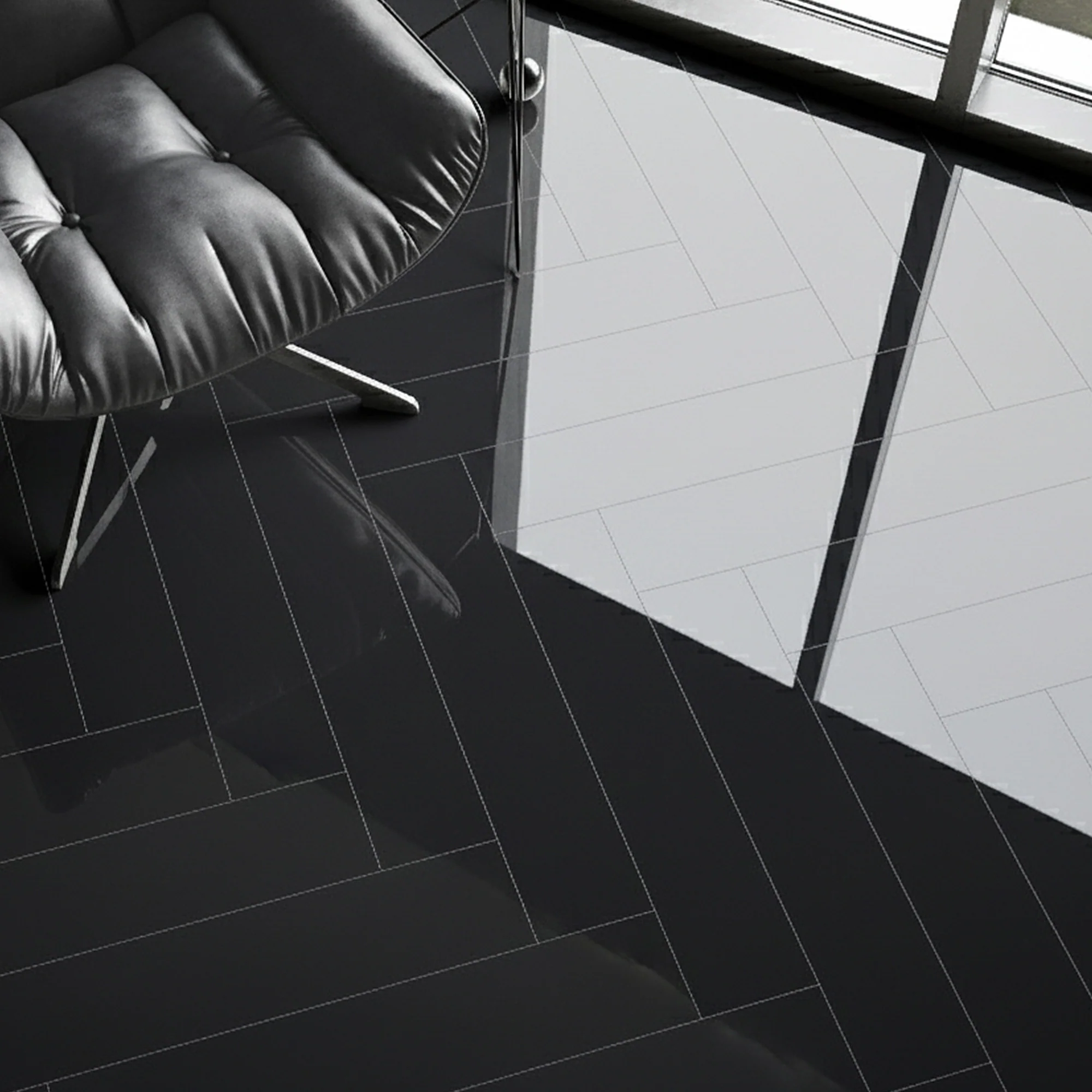 Black - Lustre Herrringbone 6mm High Gloss Luxury Vinyl Flooring (122978) - Image 2