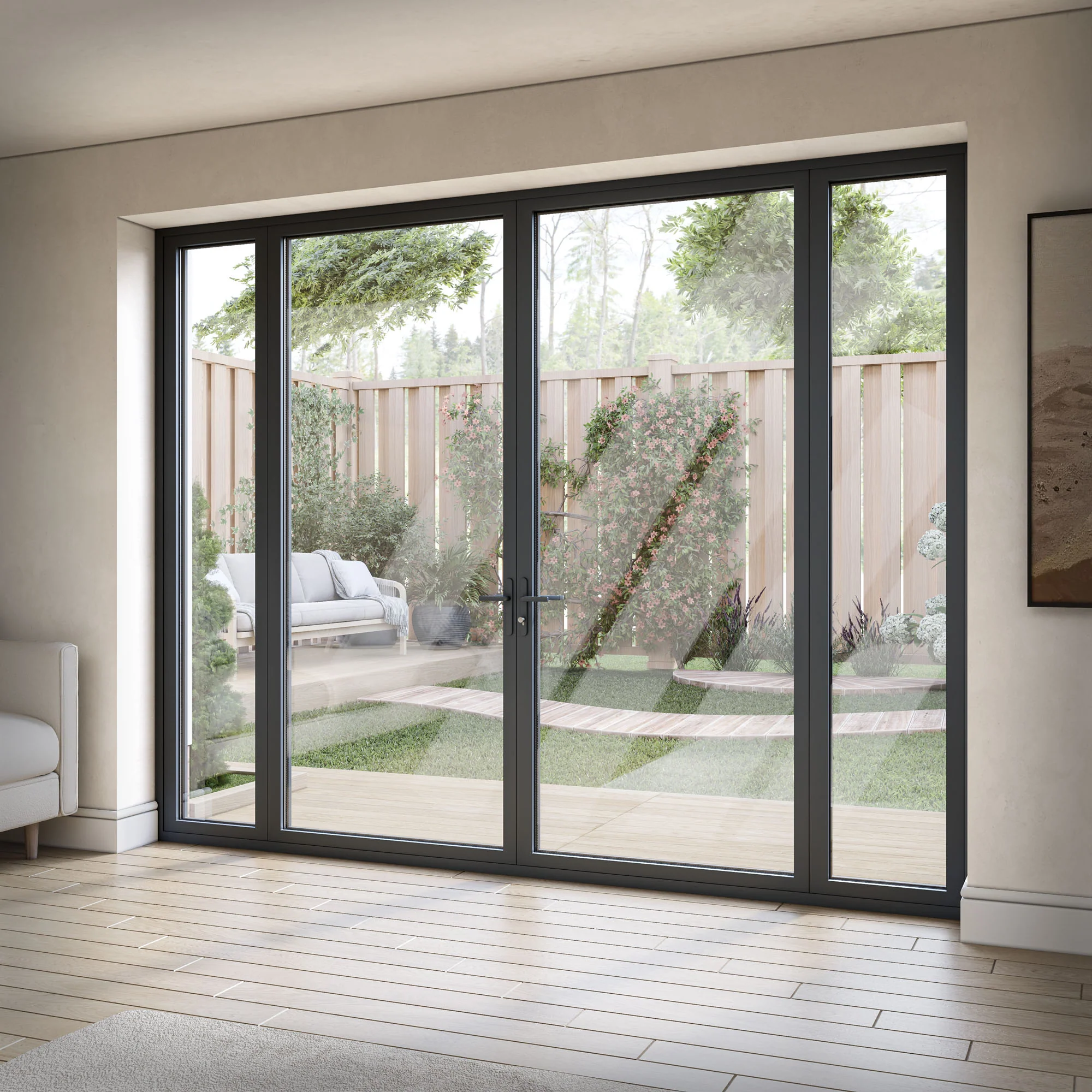 Matt Grey Aluminium External Clear Glass French Patio Door with Sidelights - Image 2