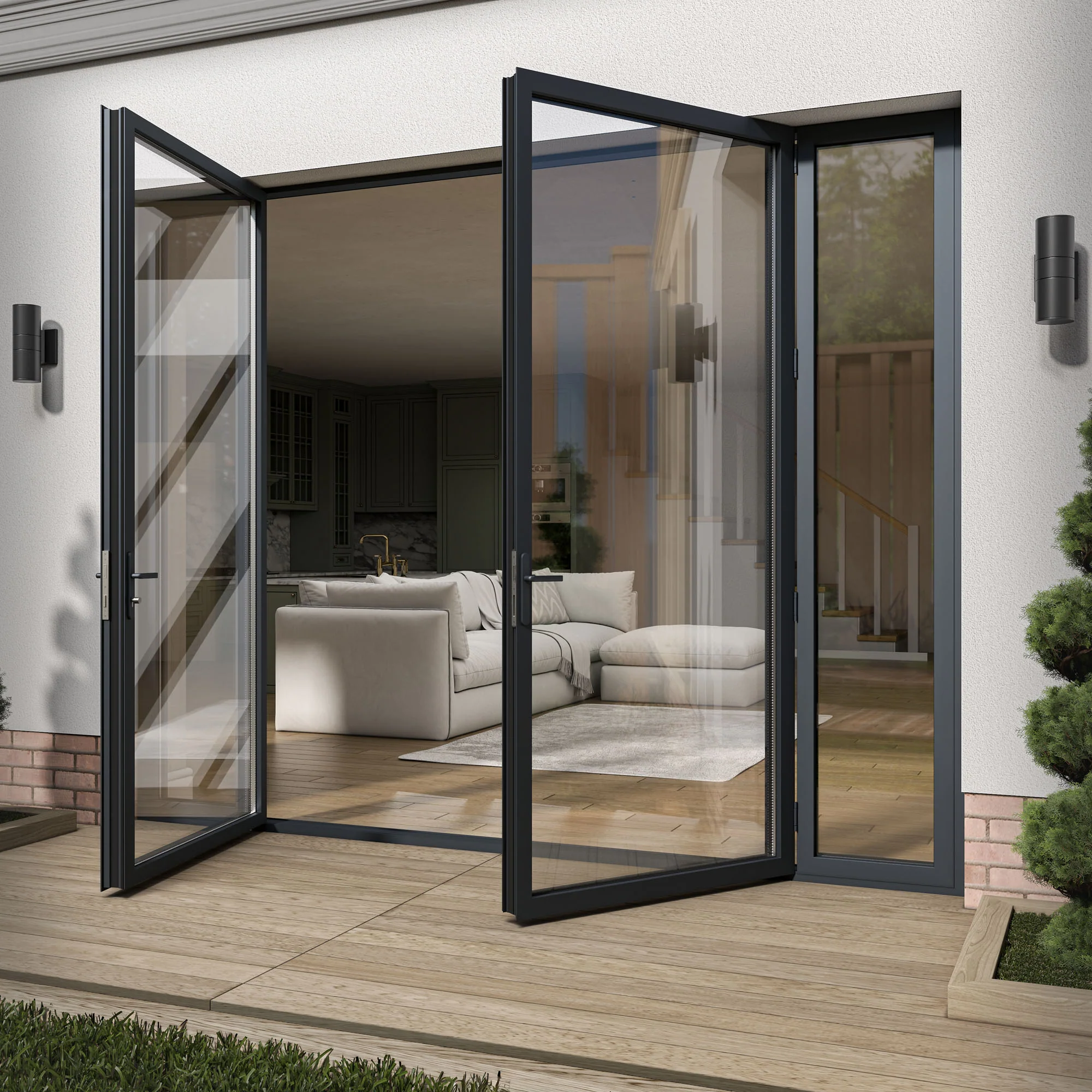 Matt Grey Aluminium External Clear Glass French Patio Door with Sidelights - Image 3