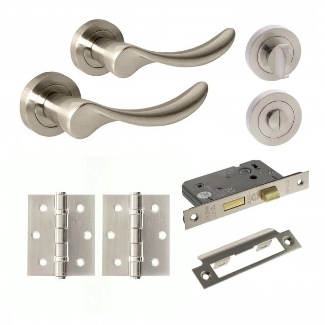 Mediterranean Malaga Round Lever Bathroom Door Handle Set - Satin Nickel (290611)